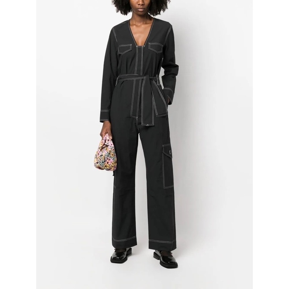 NWT!! GANNI Belted Contrast-Stitch Jumpsuit Black Cargo Pockets Organic Cotton 8